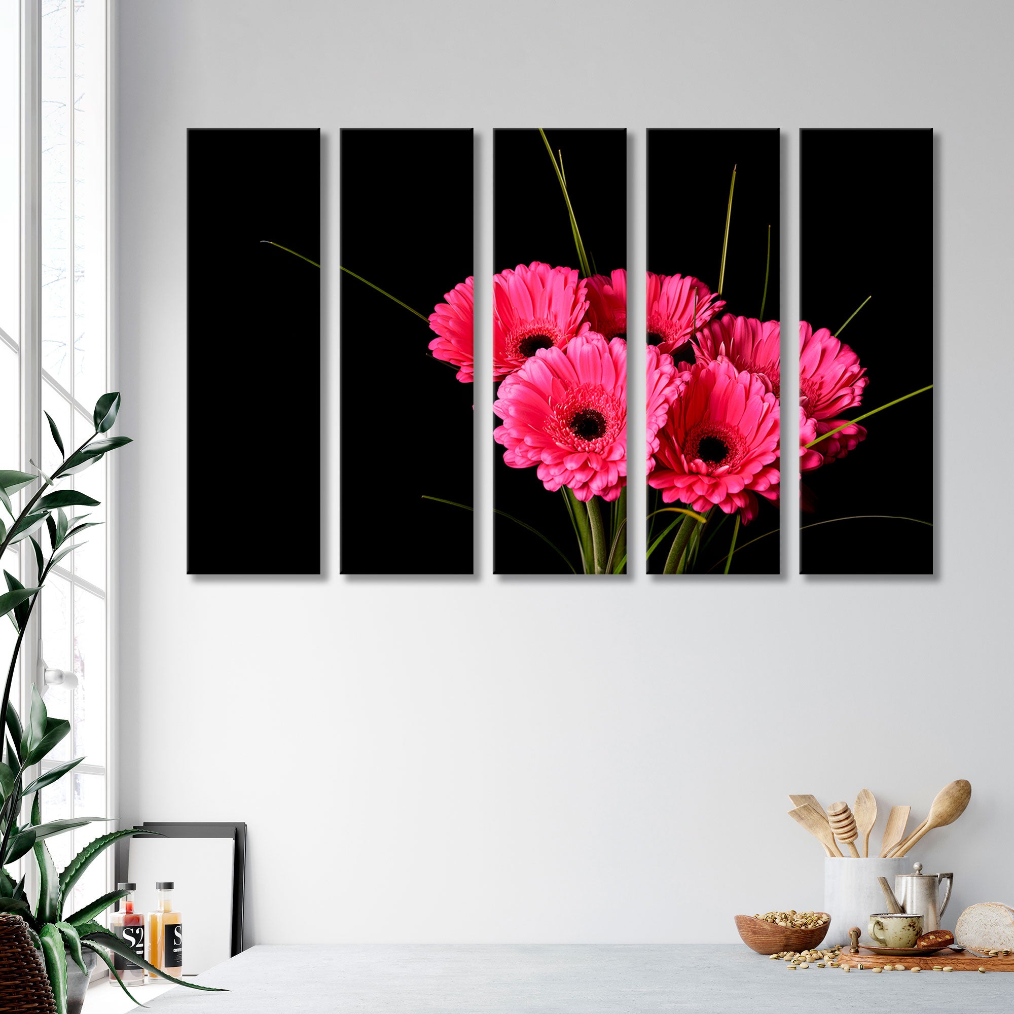 Pink Gerberas on a Black Background Canvas Print SKU 10356