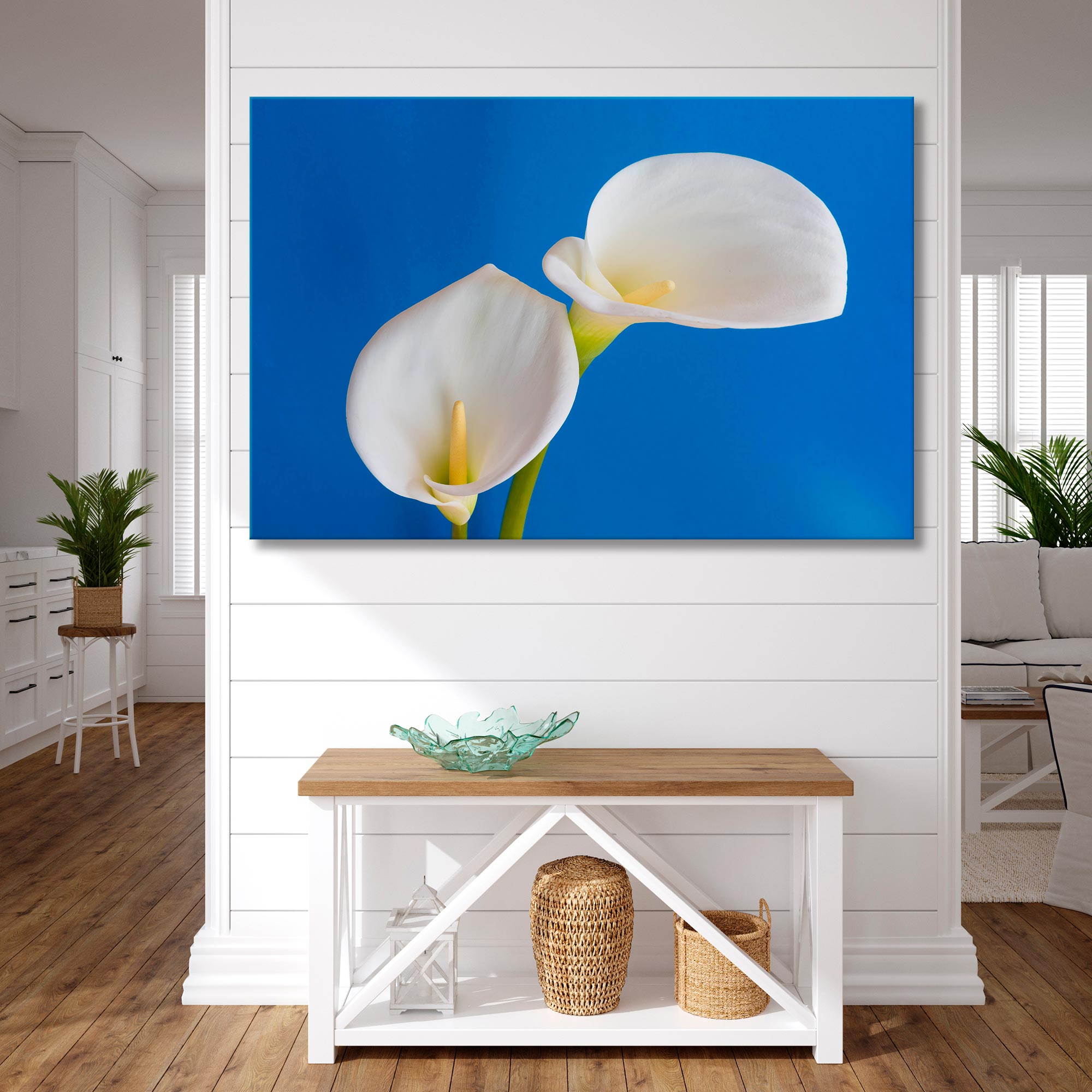 blue and white calla lilies White Calla Lilies on Blue Background Canvas Print – Liky Art