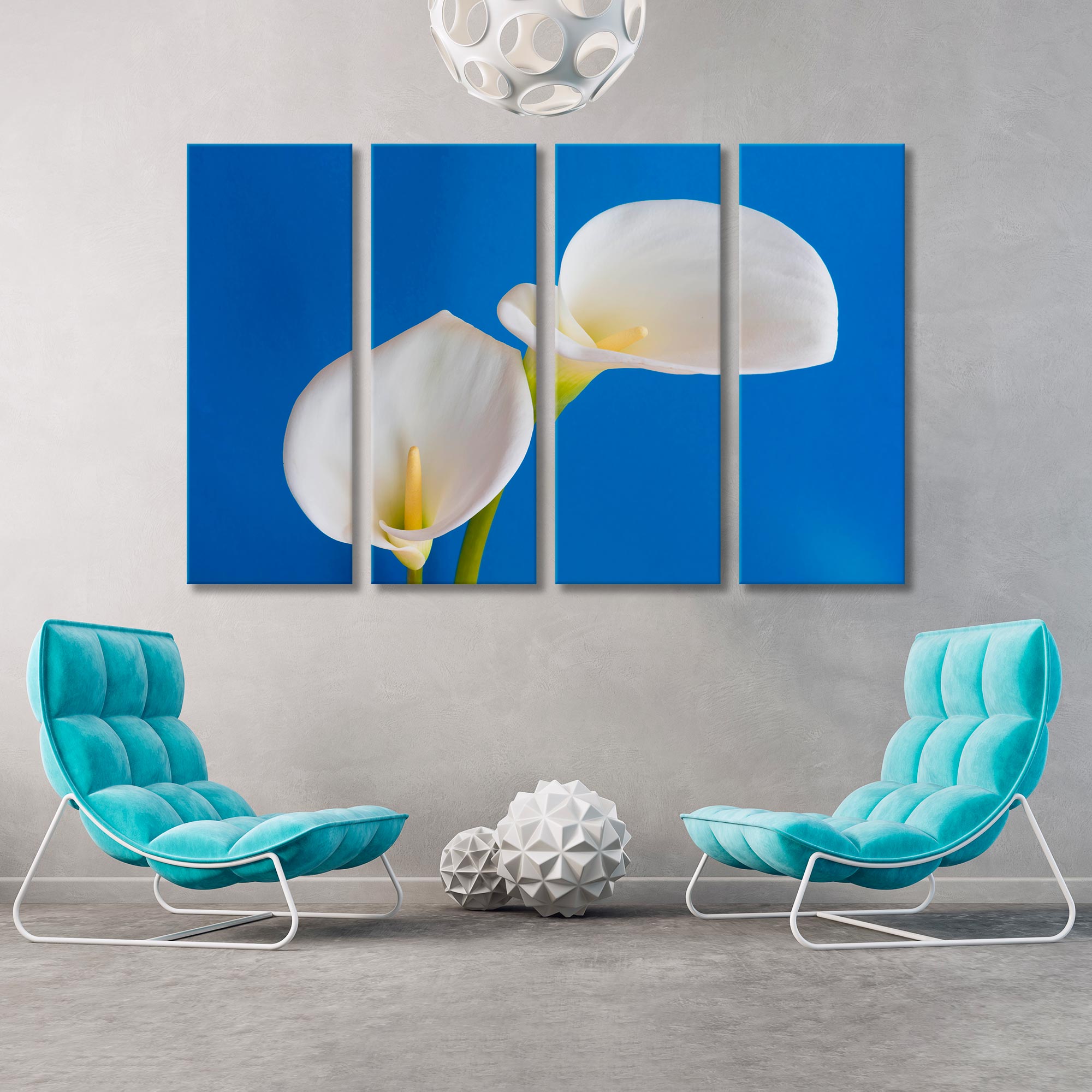 blue and white calla lilies White Calla Lilies on Blue Background Canvas Print – Liky Art